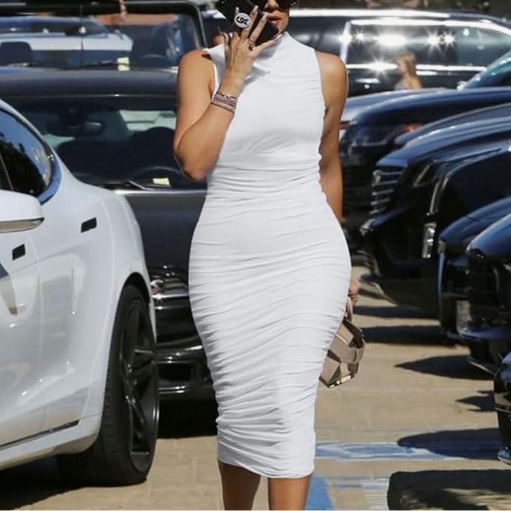 Women's Sexy Bodycon High Neck Sleeveless Ruched Midi Cocktail Party Dress - Picture 3 of 8